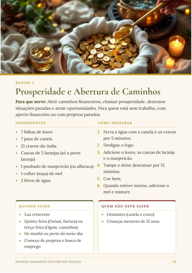 Página do Banho 3, Prosperidade e Abertura de Caminhos, com ingredientes e preparo