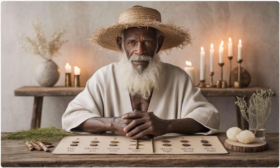 Pai João de Aruanda, Preto Velho de chapéu de palha e barba branca, sentado diante de velas acesas